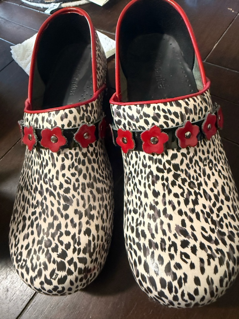 Sanita (KOI) LIKE NEW WORN IN MY HOME-White & Black Leopard Clogs with Red Trim